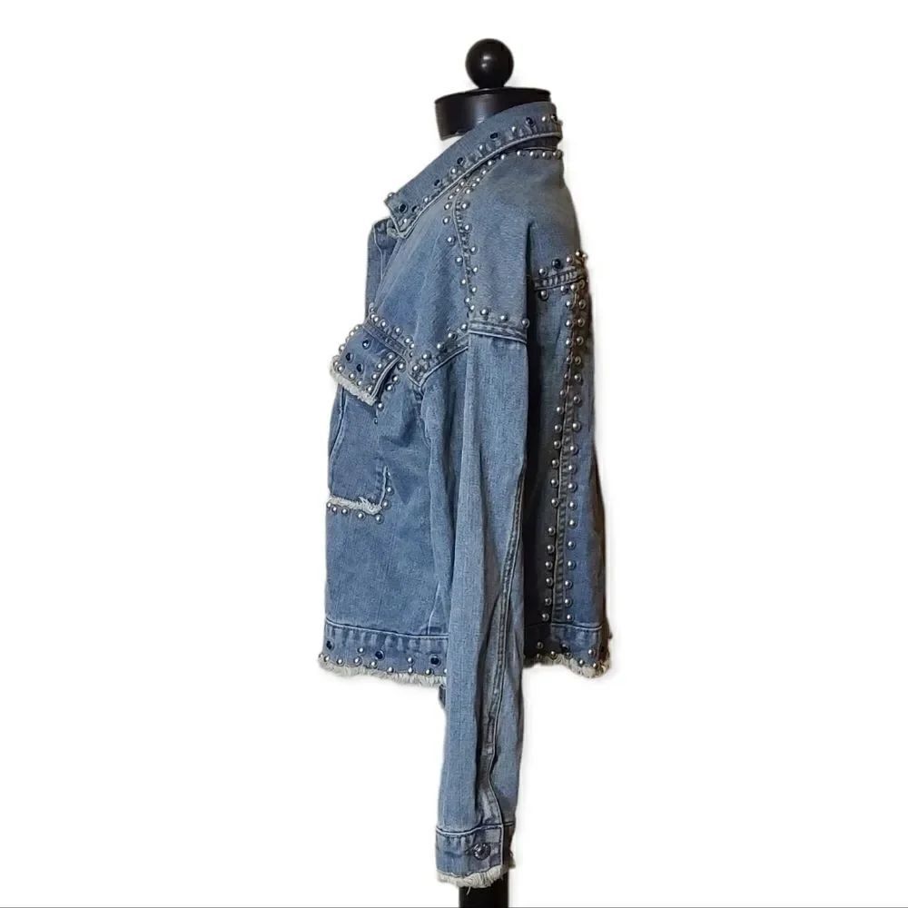 Studded Distresses Cropped Jean Jacket by Pink Lily Small - Picture 3 of 8